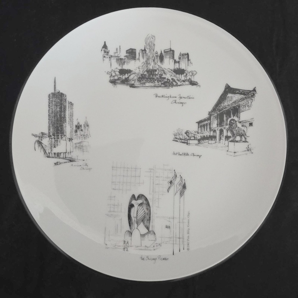 VTG 1967 Seyei Fine China Chicago Landmark Souvenir Plate Black White Japan 10"